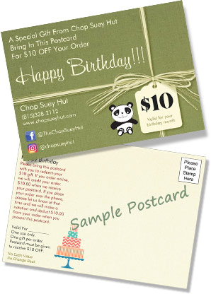 Sample of Chop Suey Hut Birthday Club postcard